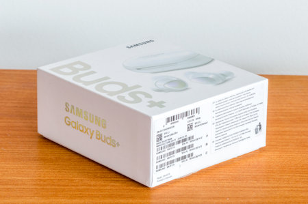 Pruszcz Gdanski, Poland - April 13, 2020: Box of new Samsung Galaxy Buds+ headphones.のeditorial素材