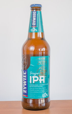 Pruszcz Gdanski, Poland - April 11, 2020: Bottle of Zywiec Sesyjne IPA alcohol free beer.のeditorial素材