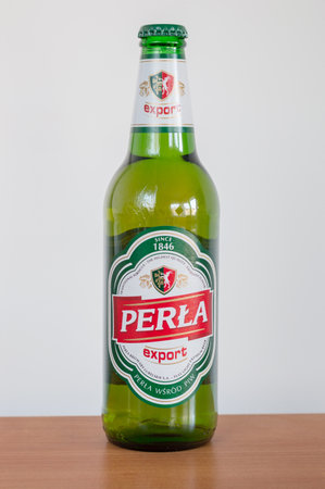 Pruszcz Gdanski, Poland - April 11, 2020: Bottle of Perla export beer.のeditorial素材
