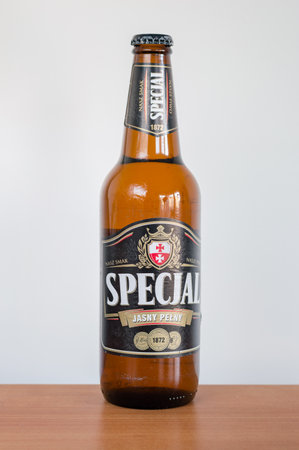 Pruszcz Gdanski, Poland - April 11, 2020: Bottle of Spejal lager beer.のeditorial素材