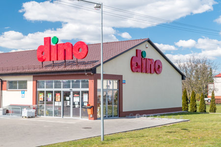 Wisniewo, Poland - April 22, 2020: Dino supermarket in Wisniewo.のeditorial素材