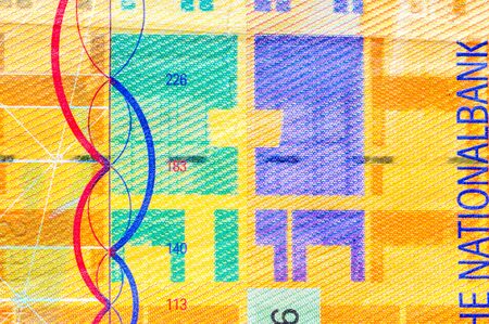 Detail of 10 CHF banknote with plastic security strip inside banknote. Security strip on swiss franc...