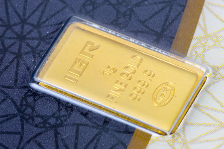 Pruszcz Gdanski, Poland - May 18, 2020: IGR Istanbul Gold Refinery 1 gram of Fine Gold 999,9. Gold bar weighing 1 gram.のeditorial素材