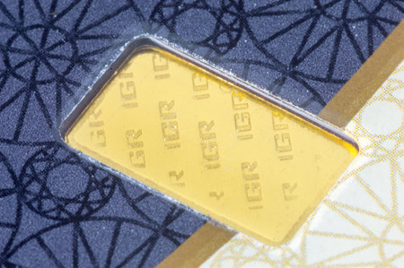 Pruszcz Gdanski, Poland - May 18, 2020: Close-up on IGR Istanbul Gold Refinery 1 gram of Fine Gold 999,9. Gold bar weighing 1 gram.のeditorial素材