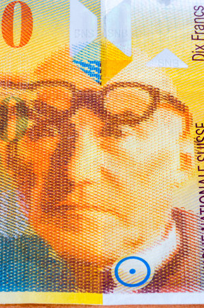 Pruszcz Gdanski, Poland - May 11, 2020: Portrait of Architect Le Corbusier (Charles-Edouard Jeanneret) on 10 CHF banknote.のeditorial素材