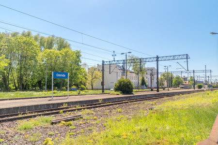 Ostroda, Poland - May 31, 2020: Ostroda railway tracks on Ostroda railway station.のeditorial素材