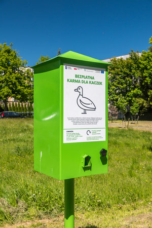 Elblag, Poland - May 31, 2020: Vending machine with free duck food.のeditorial素材