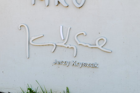 Mragowo, Poland - June 1, 2020: Jerzy Kryszak signature on Amphitheater in Mragowo.