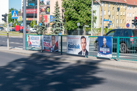 Olsztyn, Poland - May 31, 2020: Election posters of the Polish presidential candidates in election in 2020.のeditorial素材