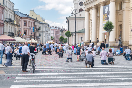 Lublin, Poland - June 11, 2020: Catholic procession on Fest of Corpus Christi during the COVID-19...