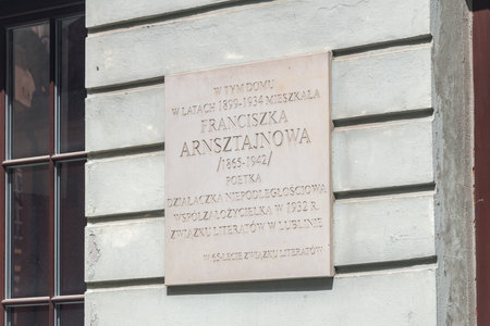 Lublin, Poland - June 11, 2020: Plaque commemorating Franciszka Arnasztajnowa on the building in which he lived in 1865 â 1942.のeditorial素材