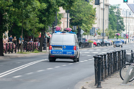 Lublin, Poland - June 11, 2020: Polish Police Volkswagen car with lights.のeditorial素材