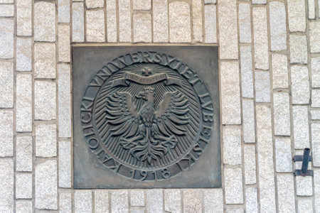 Lublin, Poland - June 11, 2020: Coat of Arms of the Catholic University of Lublin.のeditorial素材