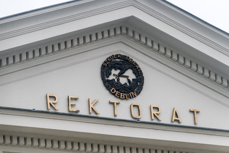 Deblin, Poland - June 11, 2020: Rector's office inscription on Polish Air Force University building.のeditorial素材