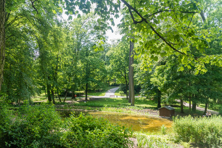 Summer view with pond at Saxon Garden in Lublin.のeditorial素材