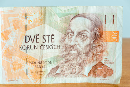 Portrait of John Amos Comenius on 200 CZK Czech Koruna banknote. John Amos Comenius was a Czech philosopher, pedagogue and theologian from the Margraviate of Moravia.のeditorial素材