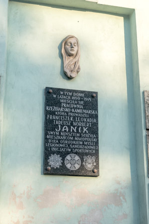 Rzeszow, Poland - June 13, 2020: Information board about the historical sculpting and stone workshop.のeditorial素材