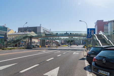 Rzeszow, Poland - June 13, 2020: Circular footbridge on Aleja Jozefa Pilsudskiego.のeditorial素材