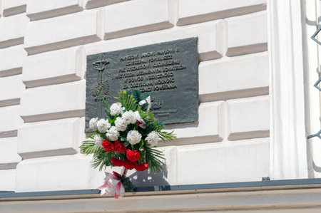 Tarnow, Poland - June 13, 2020: Plaque as a sign of gratitude to Pope John Paul II, Father Jerzy Popieluszko, Colonel Ryszrd Kuklinski and all the nameless people for regaining freedom.のeditorial素材