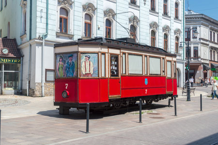 Tarnow, Poland - June 13, 2020: Historic tram wagon in old town of Tarnow.のeditorial素材