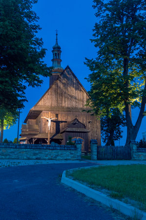 Chabowka, Poland - June 13, 2020: Church of the Holy Cross at night.のeditorial素材