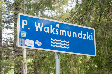 Zakopane, Poland - June 14, 2020: Waksmundzki stream sign in the Tatra National Park.のeditorial素材