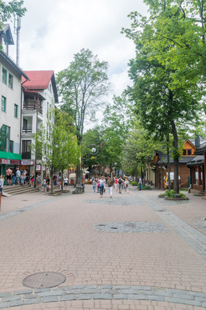 Zakopane, Poland - June 14, 2020: Famous Krupowki street at cloudy day.のeditorial素材
