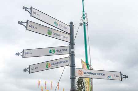 Zakopane, Poland - June 14, 2020: Distances in kilometers from Gubalowka in Zakopane city showing distances to others places.のeditorial素材