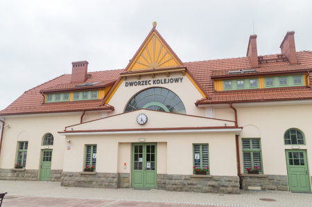 Rabka-Zdroj, Poland - June 14, 2020: Building of Rabka-Zdroj railway station (Polish: Dworzec Kolejowy).のeditorial素材