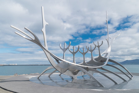 Reykjavik, Iceland - June 19, 2020: Solfar or Sun Voyager sculpture by Jon Gunnar Arnason. Sun Voyager is described as a dreamboat.のeditorial素材