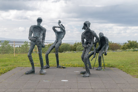 Reykjavik, Iceland - June 19, 2020: Dance sculpture by Thorbjorg Palsdottir. Sculptures of dancing musicians outside Perlan.のeditorial素材