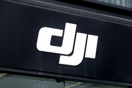 Reykjavik, Iceland - June 20, 2020: DJI logo at a DJI store in Reykjavik.