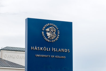 Reykjavik, Iceland - June 21, 2020: Logo of University of Iceland (Icelandic: Haskoli Islands).