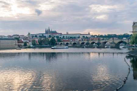 Prague, Czech Republic - July 9, 2020: Famous Charles bridge at historical center of Prague at sunset.のeditorial素材