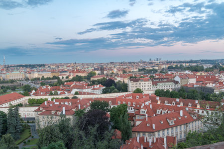 Prague, Czech Republic - July 9, 2020: Panoramic view of Prague with red roofs.のeditorial素材