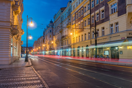 Prague, Czech Republic - July 9, 2020: Night street view with car light trails.のeditorial素材
