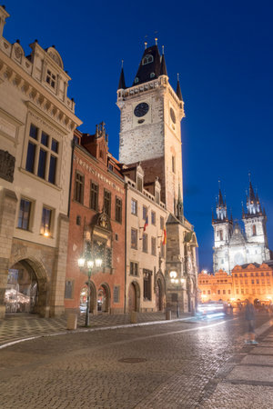 Prague, Czech Republic - July 9, 2020: Night view in old town of Prague with Prague astronomical clock tower.のeditorial素材