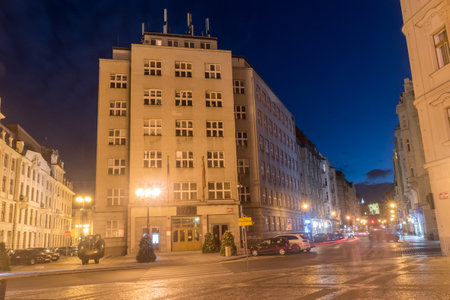 Prague, Czech Republic - July 9, 2020: City of Prague - Property Management at night.のeditorial素材