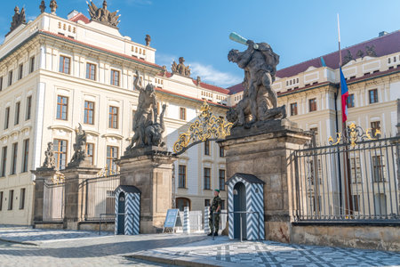 Prague, Czech Republic - July 10, 2020: Main Gate of Prague Castle with Statue of Wrestling Titans at Hradcanske Square.のeditorial素材