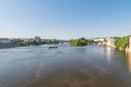 Prague, Czech Republic - July 10, 2020: Summer view on Vltava river in Prague.のeditorial素材
