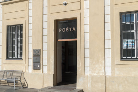 Prague, Czech Republic - July 10, 2020: Entrance to Posta, Czech Post Office.