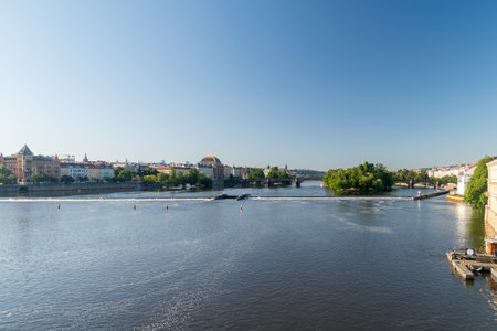 Prague, Czech Republic - July 10, 2020: Riverbank of Vltava in city center of Prague at sunny day.