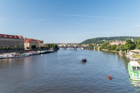 Prague, Czech Republic - July 10, 2020: Vltava river in Prague at summer time.のeditorial素材