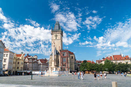 Prague, Czech Republic - July 10, 2020: Square in old town with Prague Astronomical Clock and City Hall, medieval astronomical clock.のeditorial素材