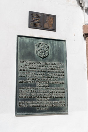 Prague, Czech Republic - July 10, 2020: Memorial plaque of Czech Civil Engineering School founded by the Czech rescript of the emperor Josef I.のeditorial素材