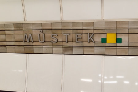 Prague, Czech Republic - July 10, 2020: Mustek sign on metro.のeditorial素材
