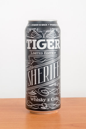 Pruszcz Gdanski, Poland - August 21, 2020: Can of Tiger Sheriff limited edition Whisky and cola flavored energy drink.のeditorial素材
