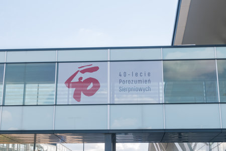 Gdanski, Poland - August 30, 2020: Information on the 40th anniversary of the Gdansk Social Accord(s) or August Agreement(s) at Gdansk airport.のeditorial素材