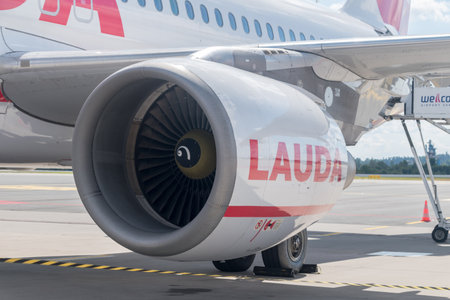 Gdanski, Poland - August 30, 2020: Logo of Lauda on Airbus A320 airplane.