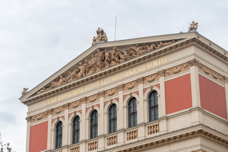 Vienna, Austria - August 30, 2020: Detail of the Facade Musikverein Vienna. Wiener Musikverein is a famous concert hall in Vienna.のeditorial素材